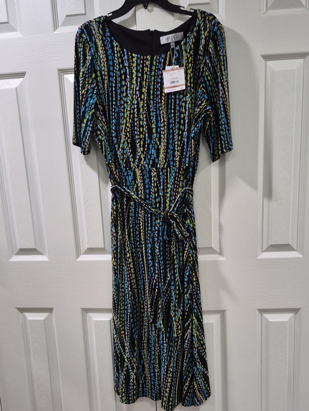 Kasper Black Blue Green Multicolor Striped Tie-Waist Midi Dress
